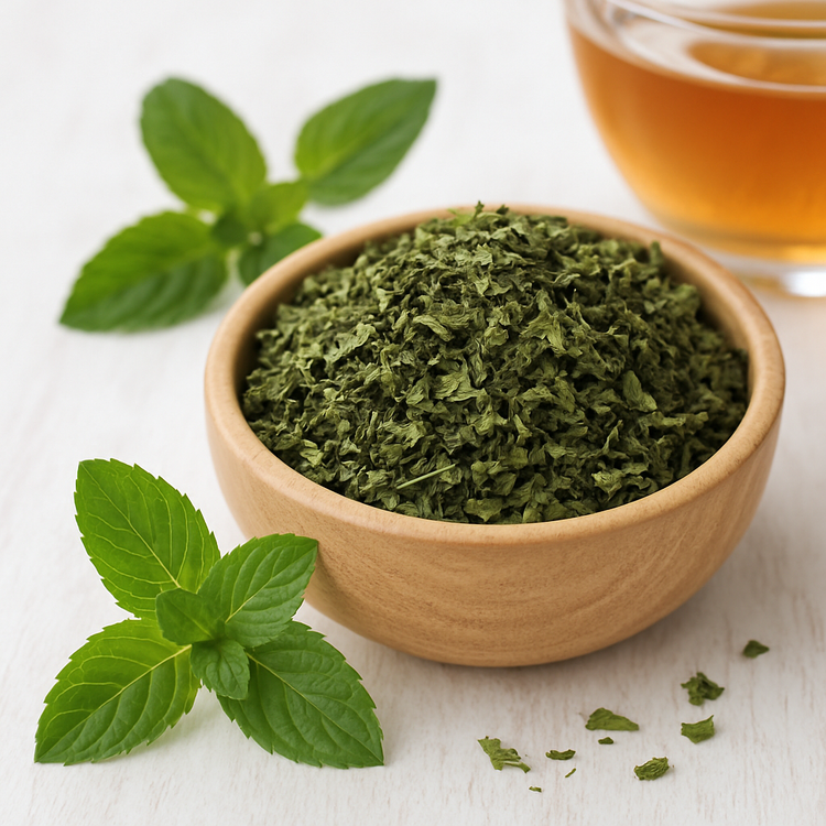 برگهای خشک نعنا فلفلی طبیعی روی میز چوبی با برگهای تازه نعنا و فنجان چای گیاهی در پسزمینه