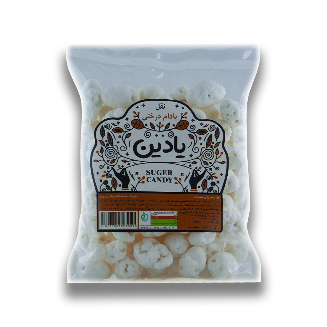 تصویر نقل با طعم بادام درختی طبس در بسته‌بندی سلفونی ۴۰۰ گرمی